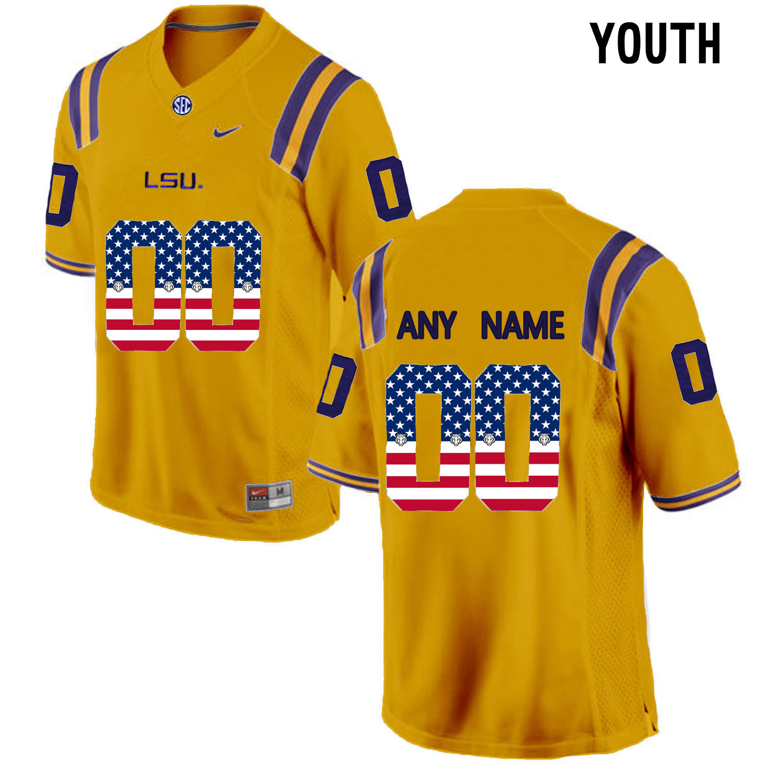 US Flag Fashion  Youth LSU Tigers Customized College Football Limited Jersey  Gold